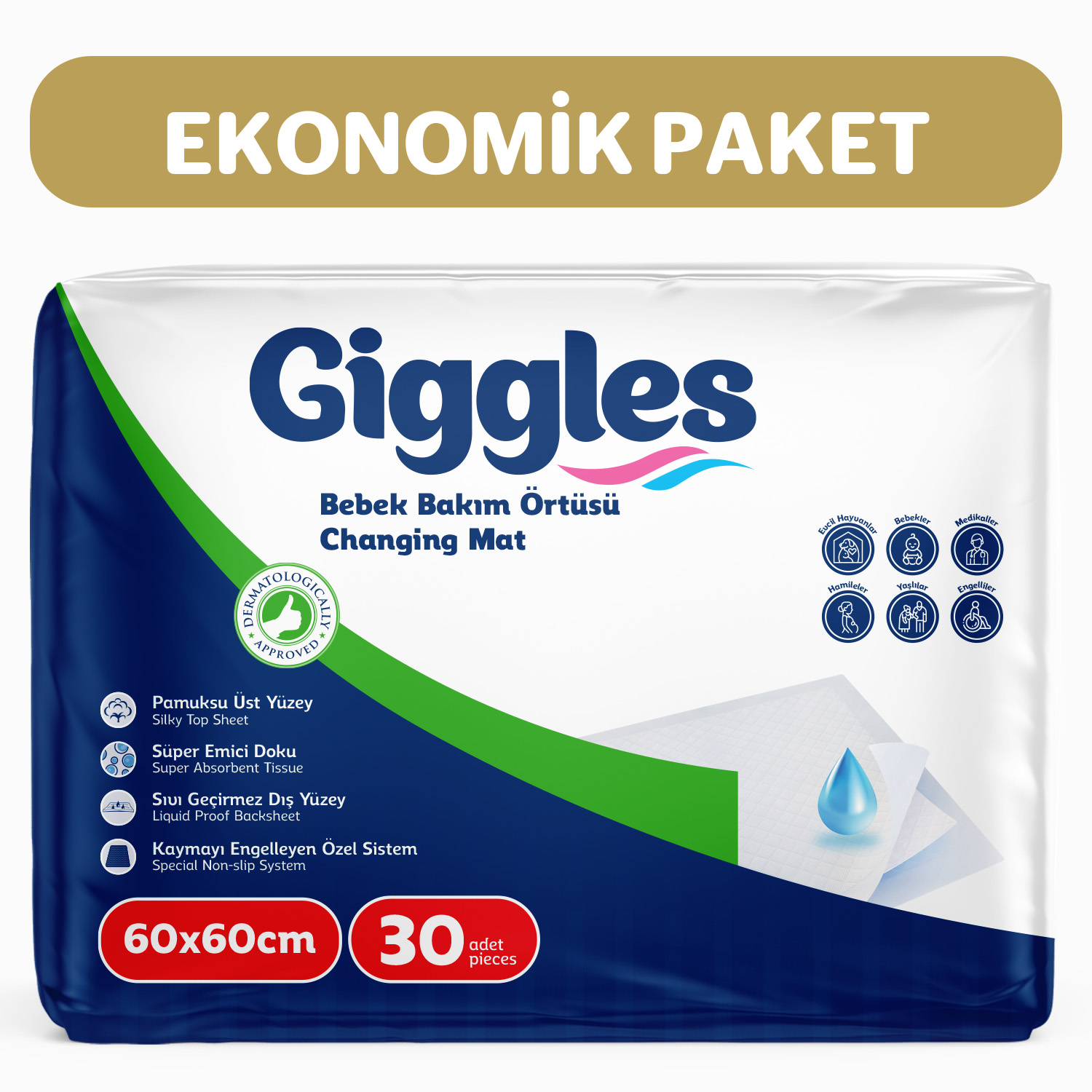 Giggles Bebek Bakım Örtüsü 60x60 30 Adet
